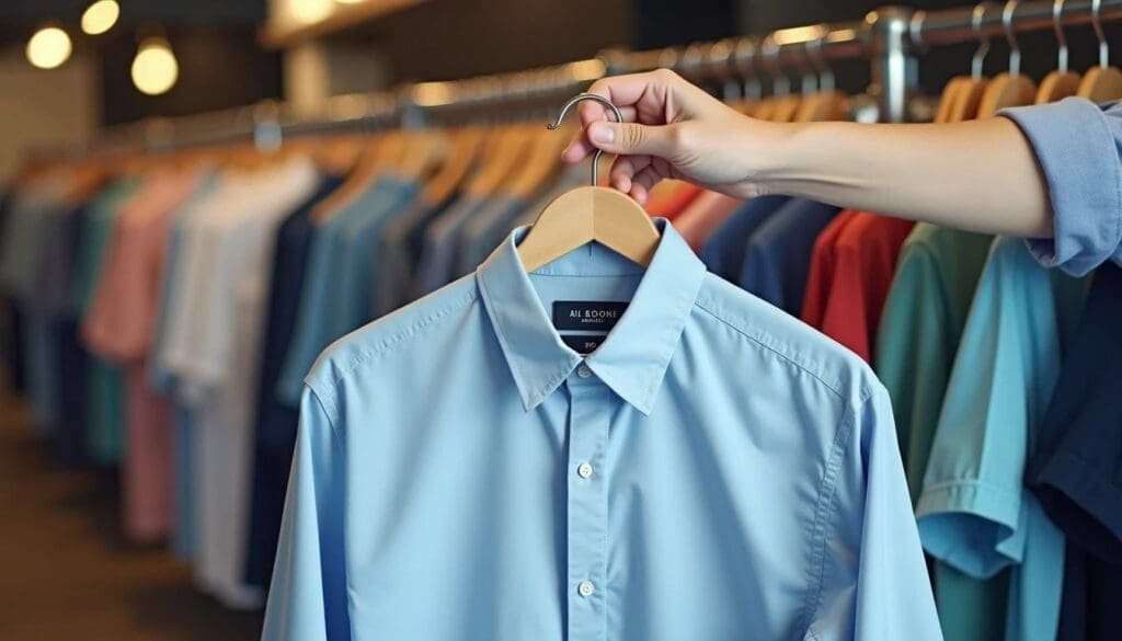 A person holds a light blue button-up shirt on a hanger in a clothing store, with various shirts hanging on a rack in the background.